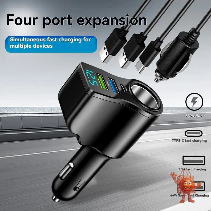 מטען רכב 66W שהופך שקע אחד ל-3 שקעים + USB כפול