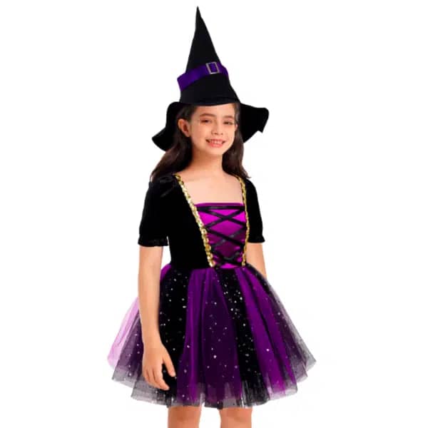 Disfraz de bruja de Halloween con estrellas para niños